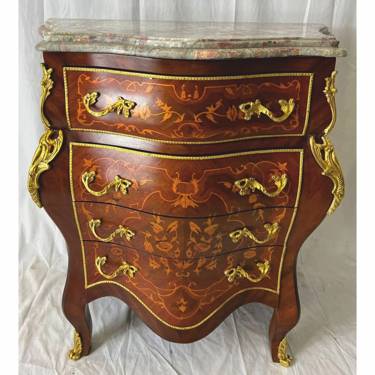 Baroque chest of drawers with 4 drawers and marble top brown inlaid / gold / gray