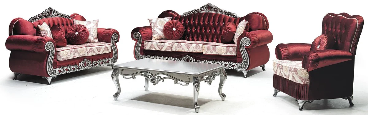 Luxury Baroque 2-seater sofa Bordeaux red / cream / silver - magnificent living room sofa with pattern and glittering stones - living room furniture in baroque style - baroque furniture - noble & magnificent