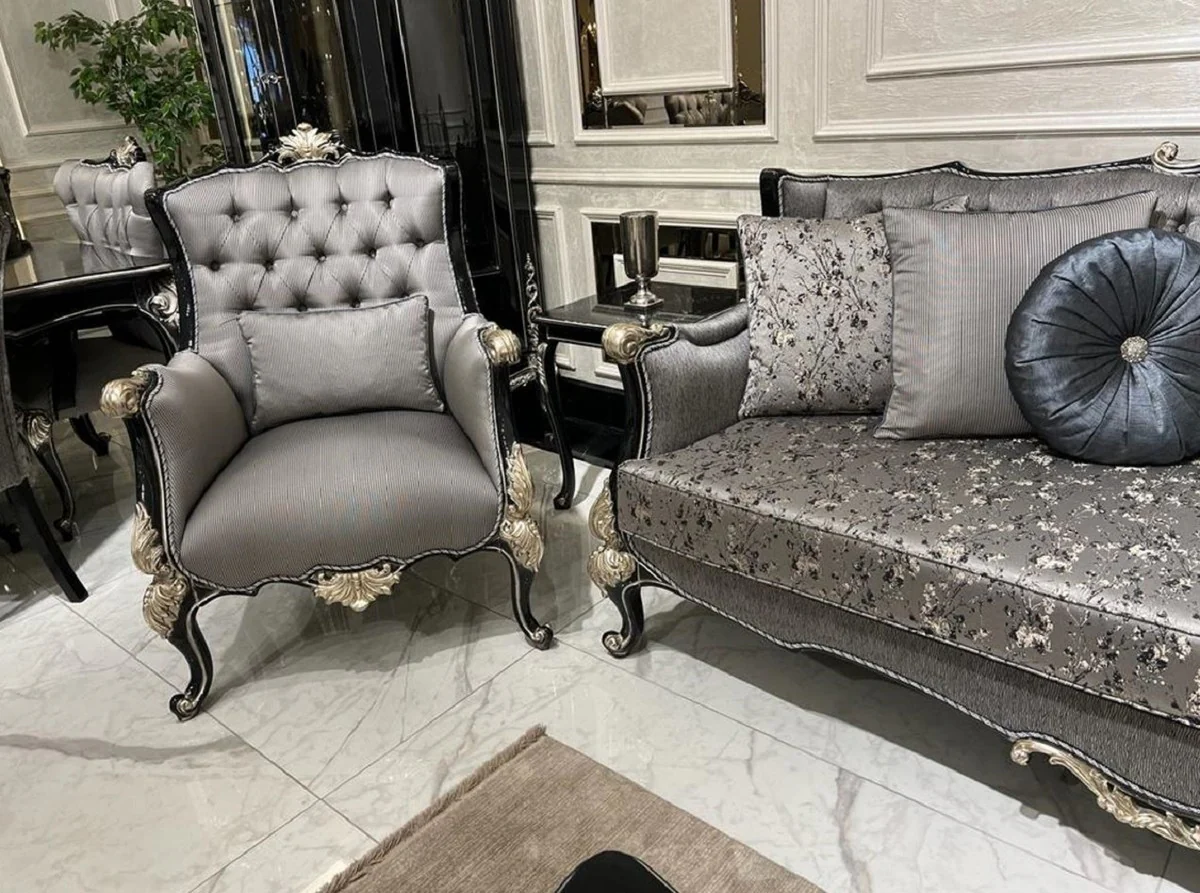 Luxury Baroque Sofa Silver / Black / Silver - Handmade living room sofa with elegant pattern and decorative pillows - Living room furniture in baroque style