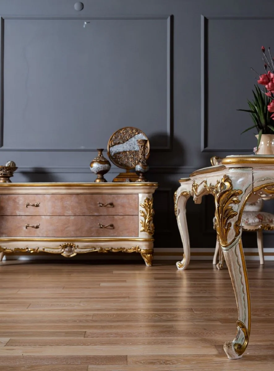 Luxury baroque chest of drawers beige / white / gold - magnificent solid wood cabinet with 2 drawers - baroque furniture