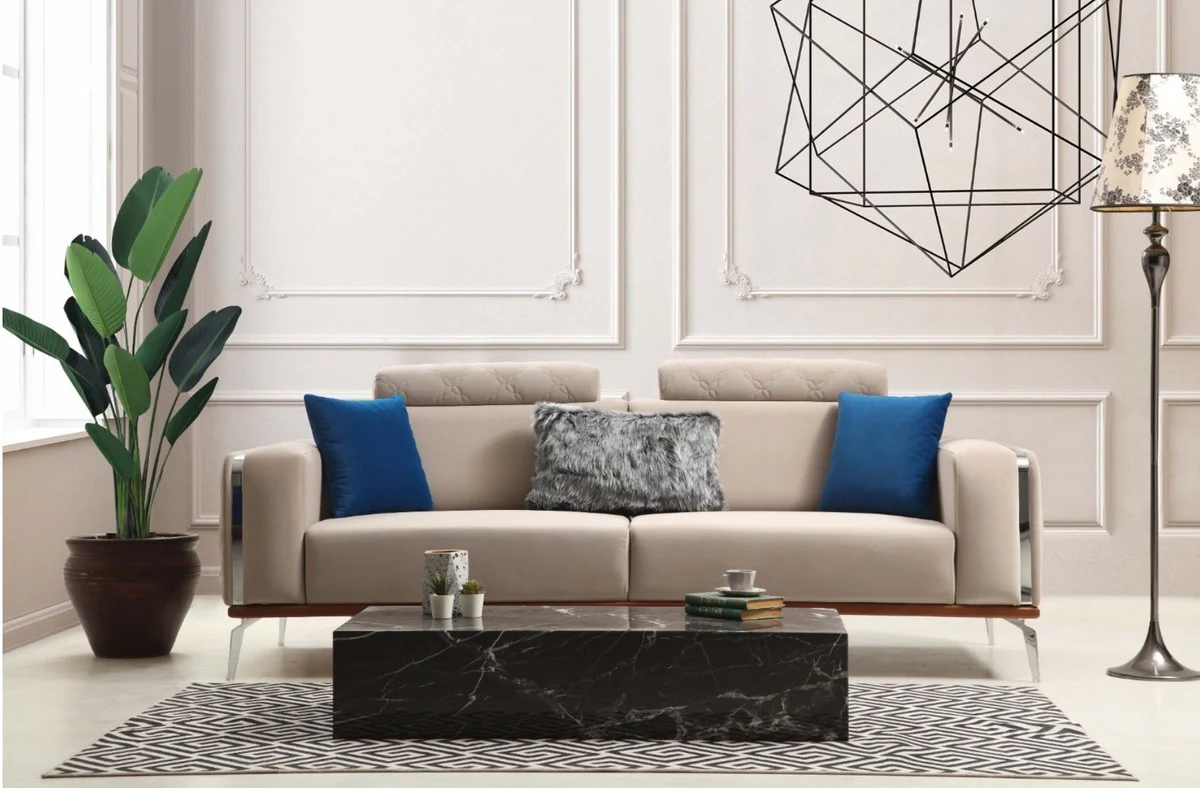 Luxury living room sofa with adjustable backrest beige / brown / silver 225 x 95 x H. 89 cm - luxury living room furniture