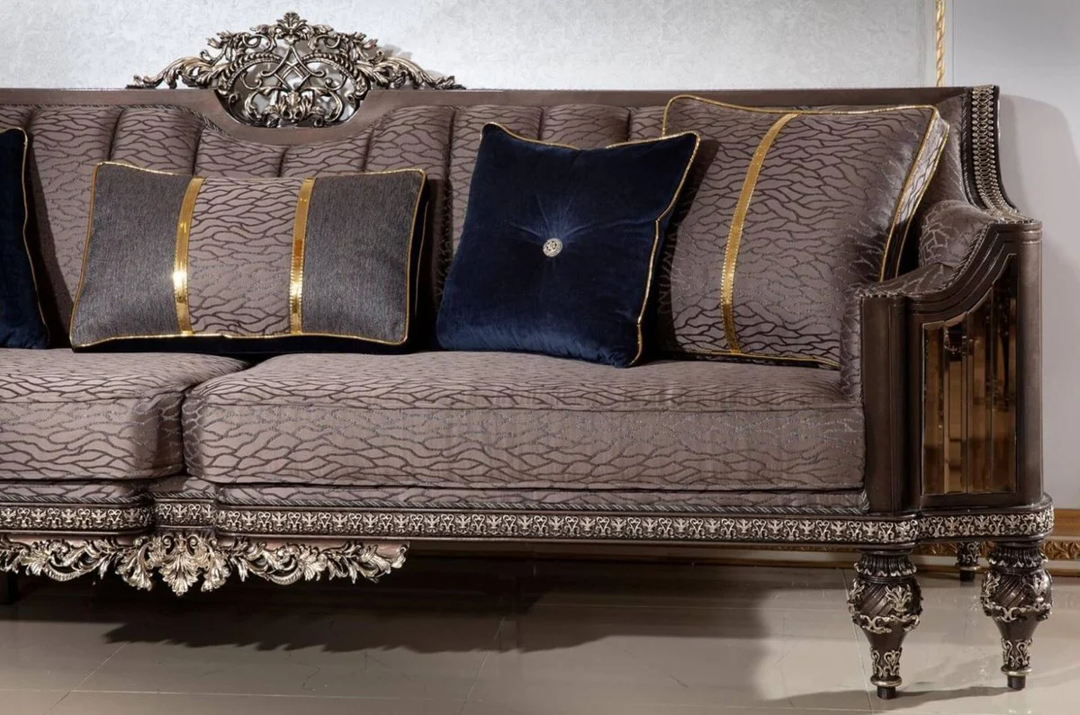 Luxury Baroque Sofa Gray / Dark Brown / Gold - Magnificent Living Room Sofa with Elegant Pattern - Baroque Living Room & Hotel Furniture - Noble & Magnificent