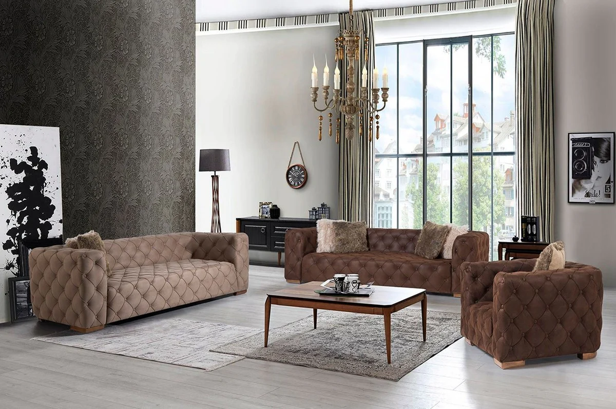 Luxury Chesterfield 3-seater sofa brown / light brown 240 x 95 x H. 81 cm - Chesterfield living room sofa - Chesterfield living room furniture - Luxury collection