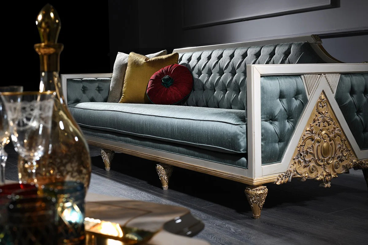 Luxury baroque sofa turquoise / white / gold 256 x 89 x H. 90 cm - Magnificent Chesterfield living room sofa in the baroque style