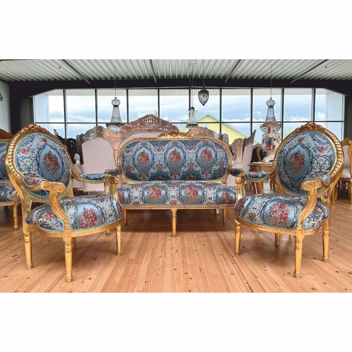 Baroque medallion salon chair light blue / colorful / gold H. 100 cm - Baroque furniture