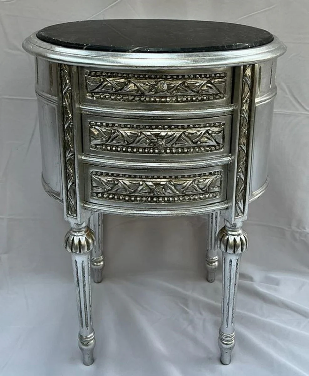 Baroque night dresser antique silver / black - Magnificent baroque style chest of drawers with 3 drawers and marble top - Baroque furniture - Bedroom furniture in the baroque style
