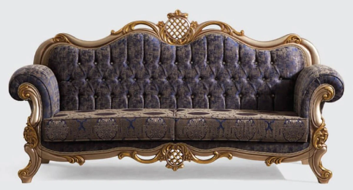 Luxury Baroque Living Room Set Blue / Silver / Gold - 2 Sofas & 2 Armchairs & 1 Coffee Table - Handcrafted Living Room Furniture in Baroque Style - Noble & Magnificent