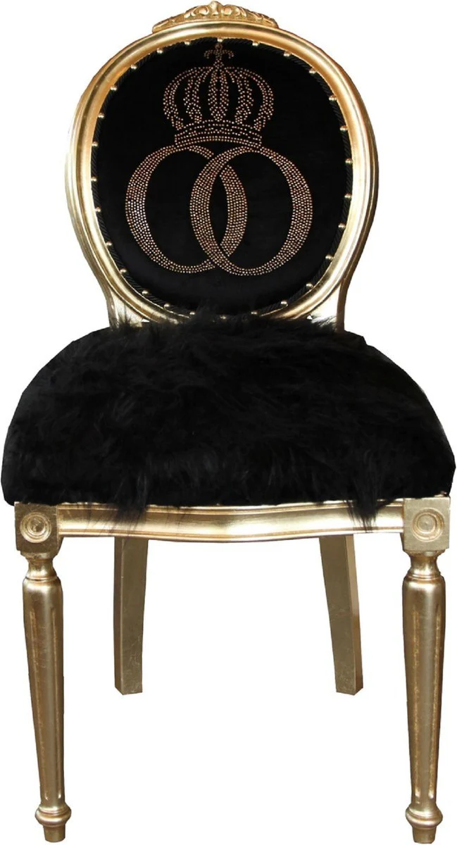 Pompöös by Luxury Baroque Dining Room Chairs Faux Fur Black / Gold Crown with Glitter Stones 50 x 60 x H. 104 cm - Pompöös Baroque Chairs designed by Harald Glööckler - 4 dining room chairs