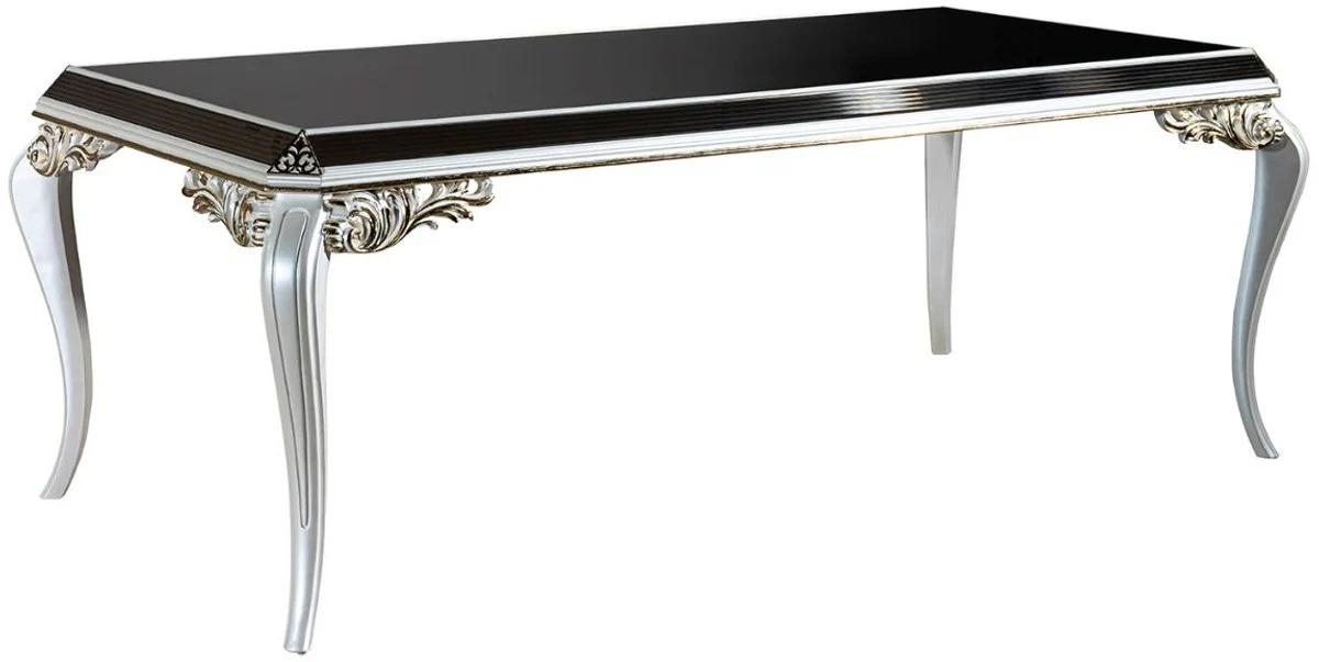 Luxury baroque dining table white / gold / black 207 x 104 x H. 78 cm - solid wood kitchen table with glass top - elegant dining room furniture in baroque style