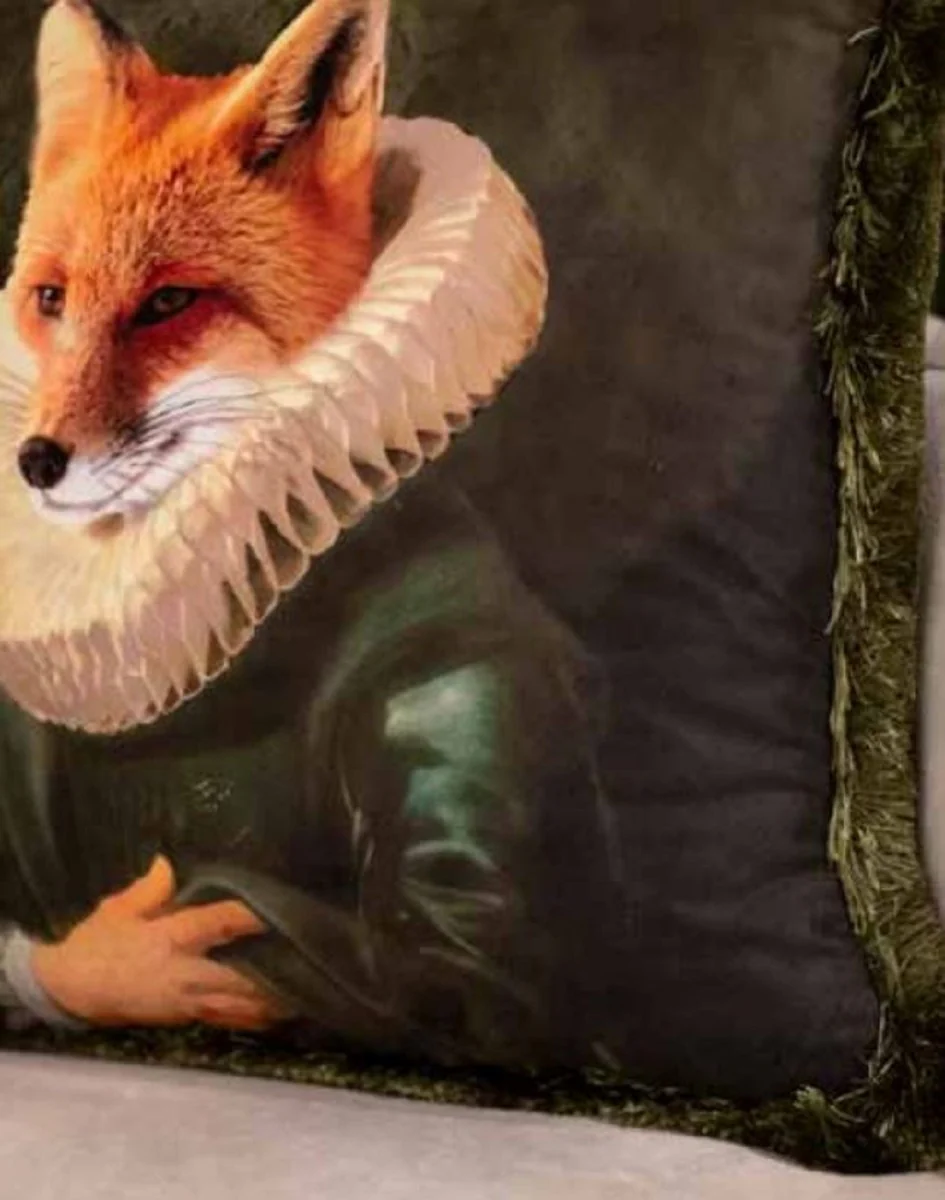Luxury decorative cushion Sir Fox green / multicolored 45 x 45 cm - printed velvet cushion with fringes - luxury quality