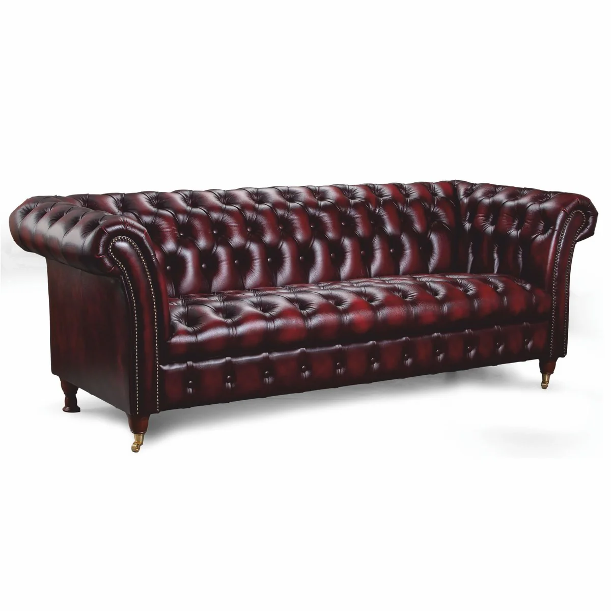 Luxury Chesterfield leather 2 seater sofa dark wine red / brass 200 cm - genuine leather furniture