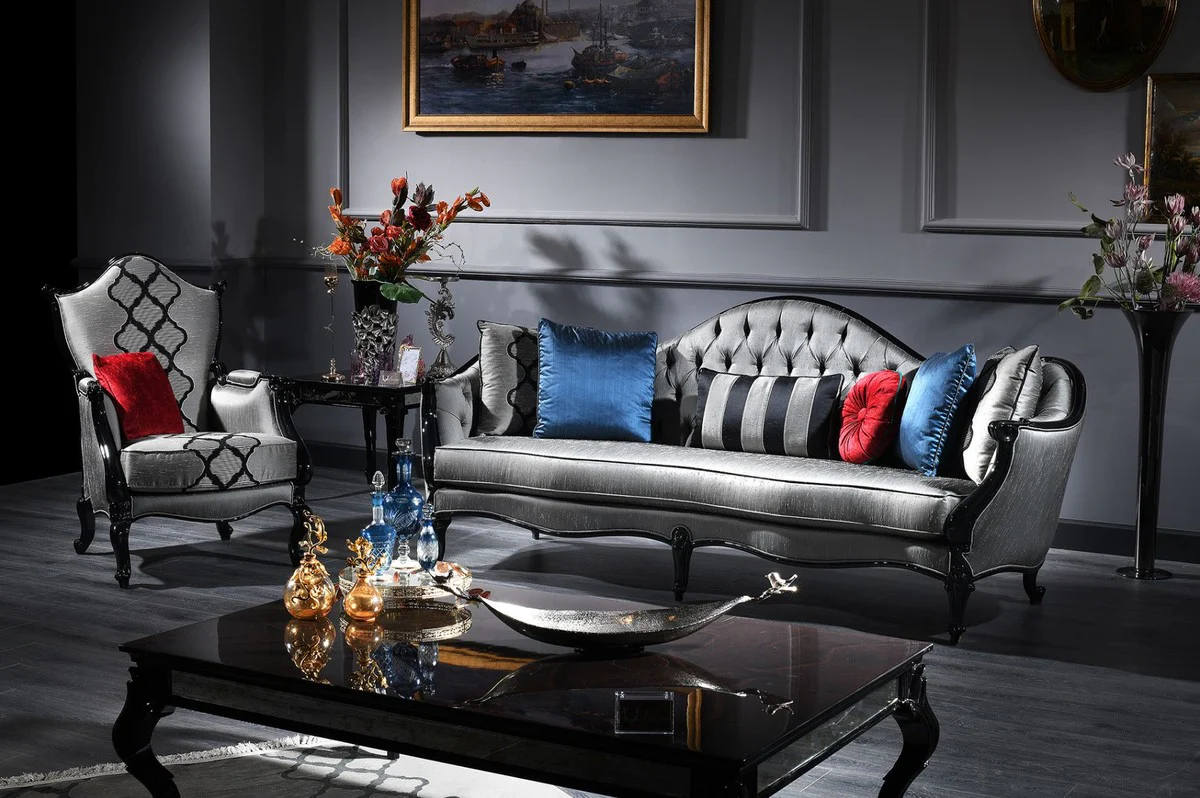 Luxury baroque sofa silver / black 250 x 92 x H. 103 cm - magnificent living room sofa in baroque style