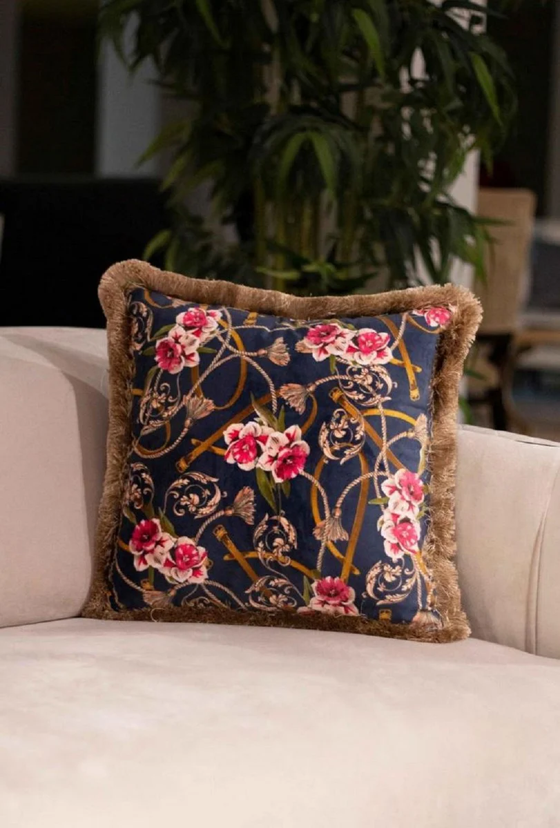 Luxury decorative cushion baroque flowers design blue / multicolored / brown 45 x 45 cm - printed velvet cushion with fringes - decorative accessories