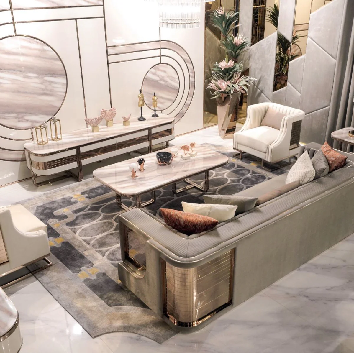 Luxury coffee table cream / copper - living room table with artificial marble table top - luxury living room furniture - hotel furniture - luxury furnishings - hotel furnishings