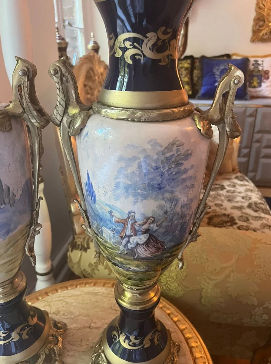 Baroque decorative ceramic vases set blue / colorful / brass H. 65 cm - Baroque Interior