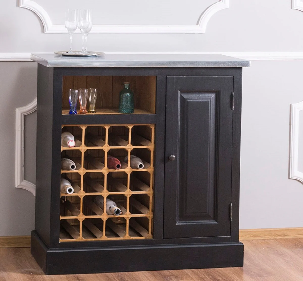 Country house style wine cabinet black / natural / silver 90 x 41 x H. 90 cm - wine cabinet with door and galvanized plate