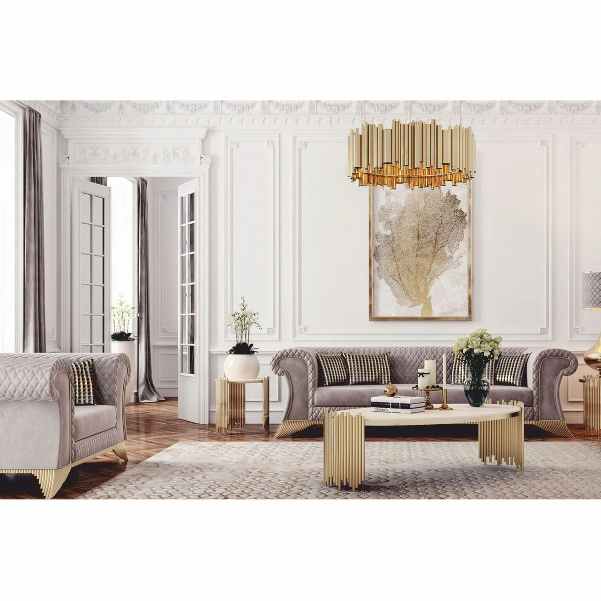 Luxury coffee table with artificial marble table top white / gold Ø 101 cm - luxury furniture