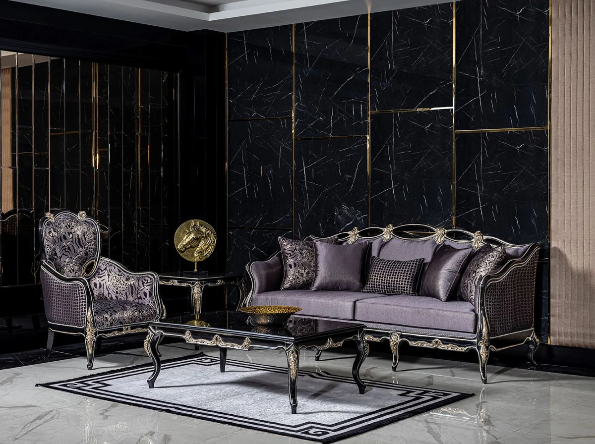 Luxury Baroque Sofa Purple / Black / Gold - Handmade Living Room Sofa with Decorative Pillows - Living Room Furniture in Baroque Style - Noble & Magnificent