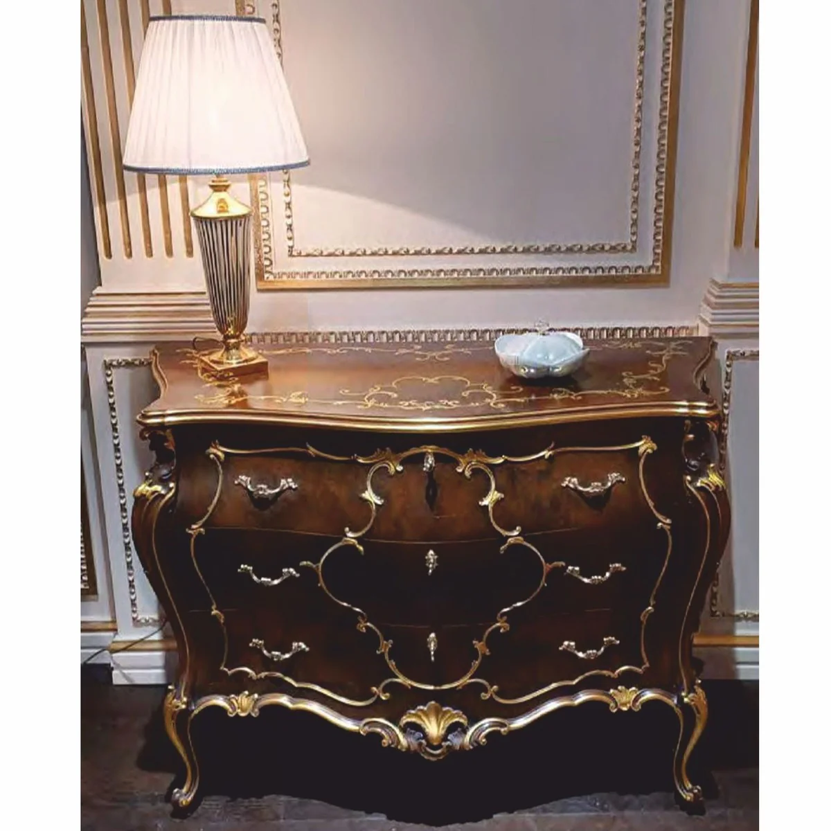 Luxury baroque chest of drawers with 3 drawers brown / gold 123 cm - Made in Italy