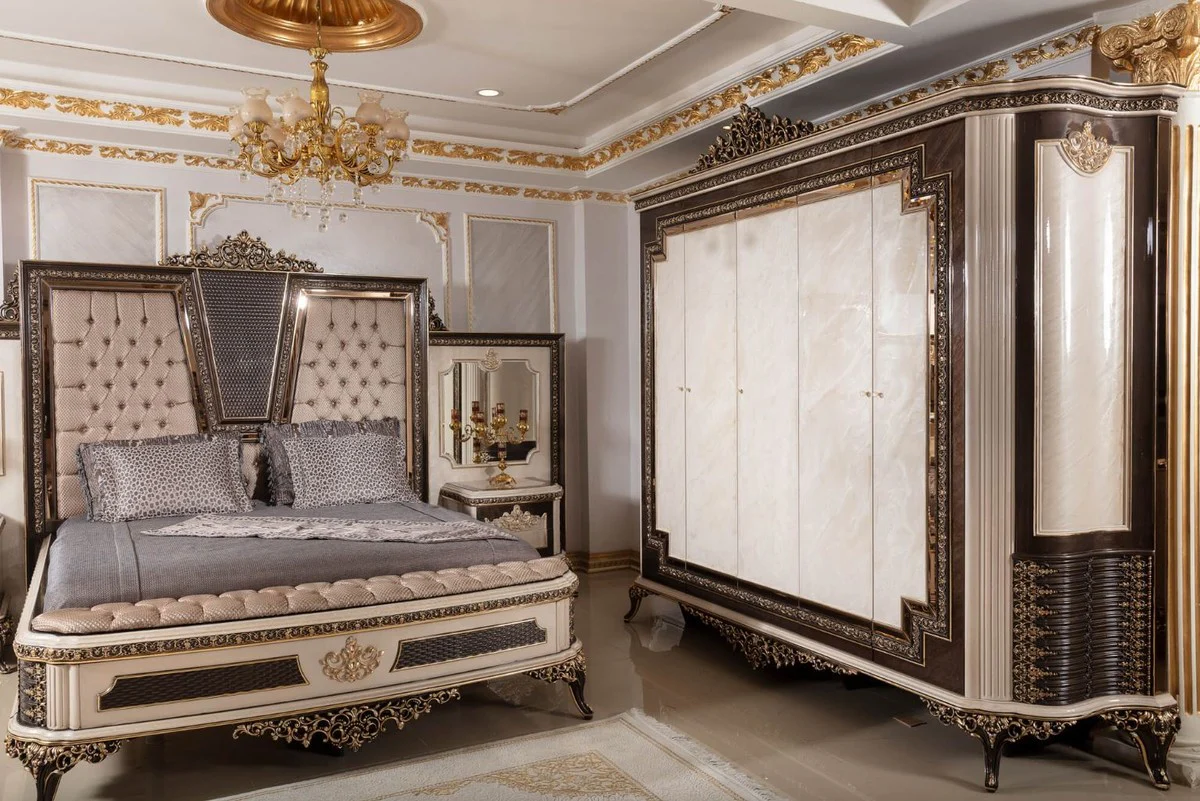 Luxury baroque bedroom cupboard cream / dark brown / gold 293 cm