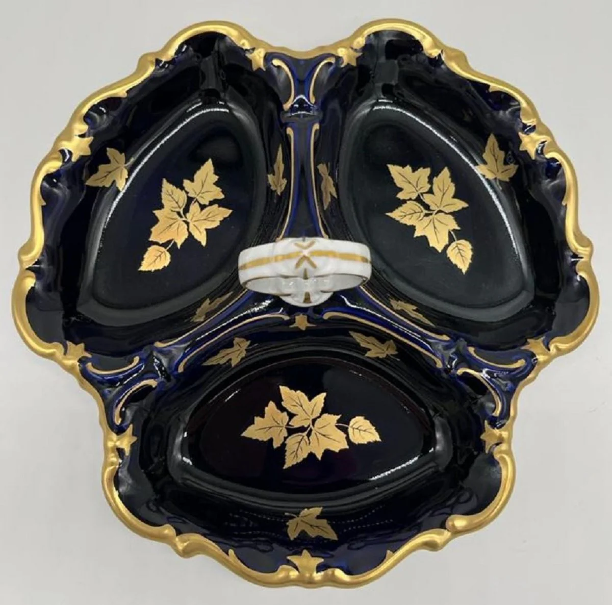 Luxury Baroque Porcelain Serving Bowl with Carrying Handle Dark Blue / White / Gold Ø 25 cm - Pastry & Nut Bowl - Luxury Baroque Accessories - Reichenbach Porcelain - Made in Germany