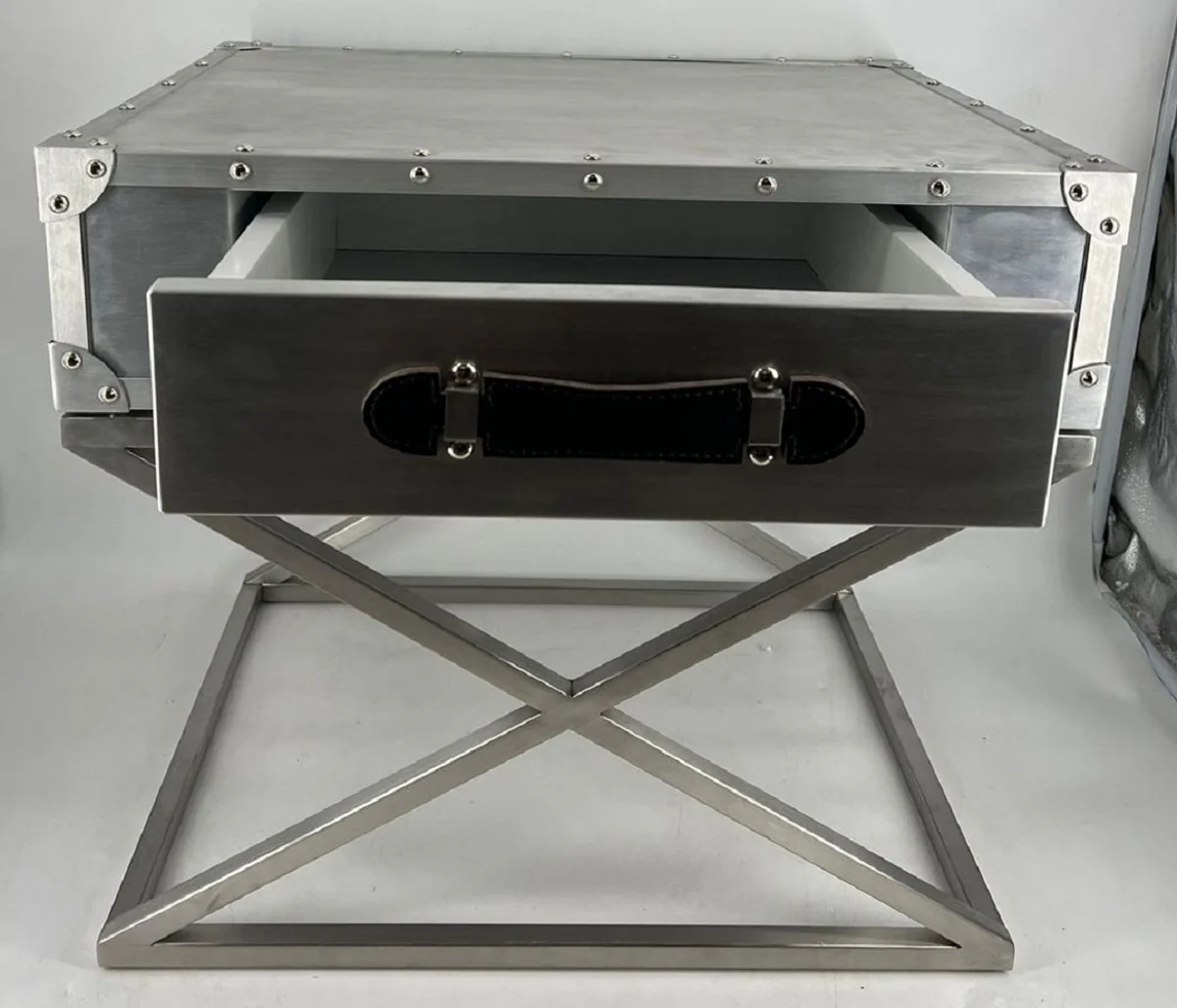 Aluminum airplane aviator bedside table with drawer silver / black
