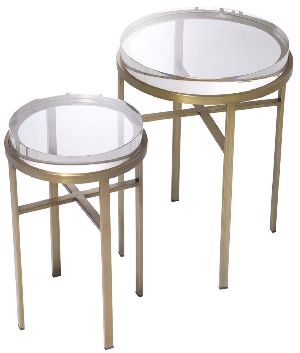 Luxury side table set brass colored - 2 round stainless steel tables with glass top - luxury living room furniture