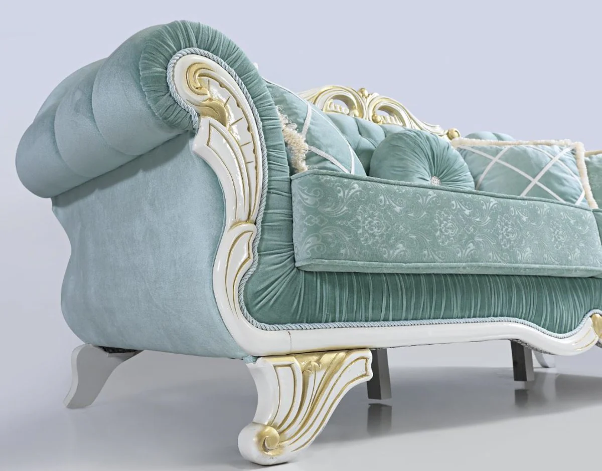 Baroque living room sofa with glittering stones light green / white / gold 235 x 87 x H. 102 cm - Noble living room furniture in the baroque style