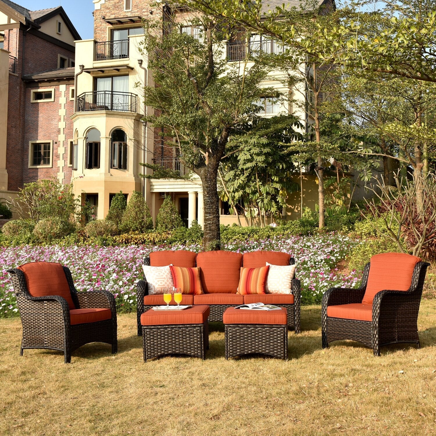 Melanson Wicker/Rattan 5-person seating group with cushions