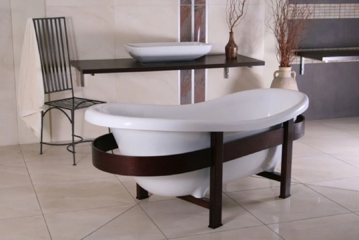 Luxury retro bathtub white / dark brown 178 x 76 x H. 73 cm - Freestanding bathtub with wooden frame - Retro bathroom furniture