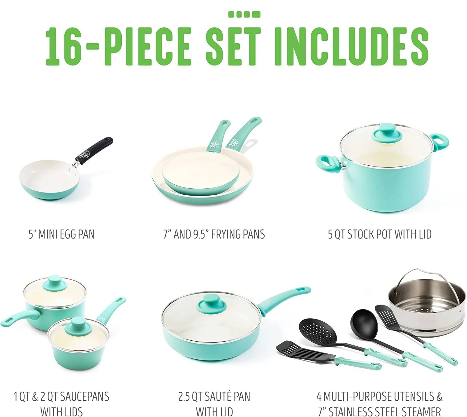 16 Piece Cookware Set with Pots and Pans Made from Healthy Non-Stick Ceramic with Soft Handle, PFAS Free, Dishwasher Safe, Turquoise