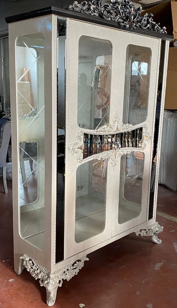 Luxury baroque display cabinet cream / silver / gray / gold - handmade solid wood display cabinet with 2 glass doors - luxury furniture in baroque style - baroque furniture - noble & magnificent