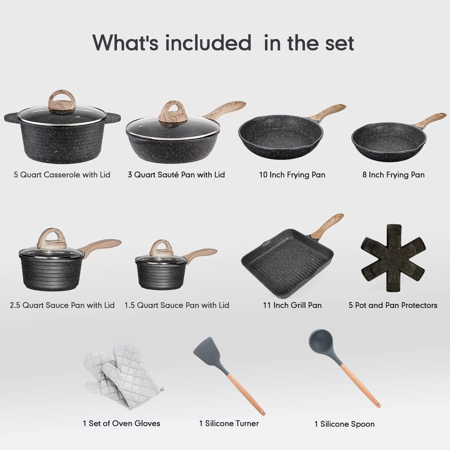 Pots and Pans Set Non-Stick 20 Pieces Granite Coated Induction Cookware Sets Compatible with Frying Pan, Saucepan, Sauté Pan, Grill Pan, Cooking Pots, PFOA Free (Grey, 20 Piece Cookware Set)