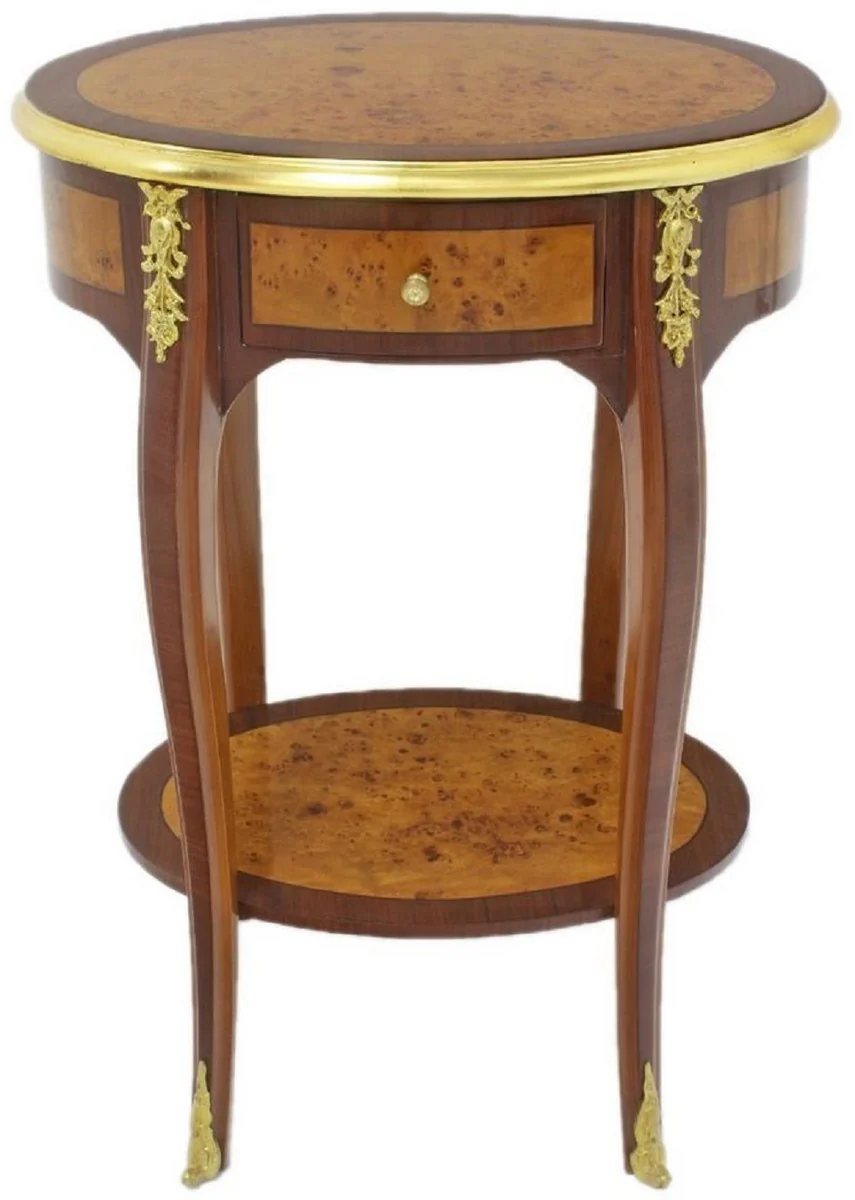 Baroque side table dark brown / light brown / gold 50 x 35 x H. 75 cm - Oval solid wood table with drawer - Baroque living room furniture