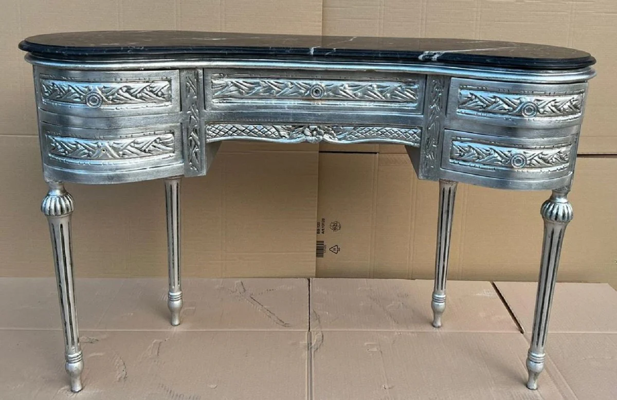 Baroque secretary with marble top and 5 drawers silver / black - handmade solid wood desk in baroque style - baroque office furniture