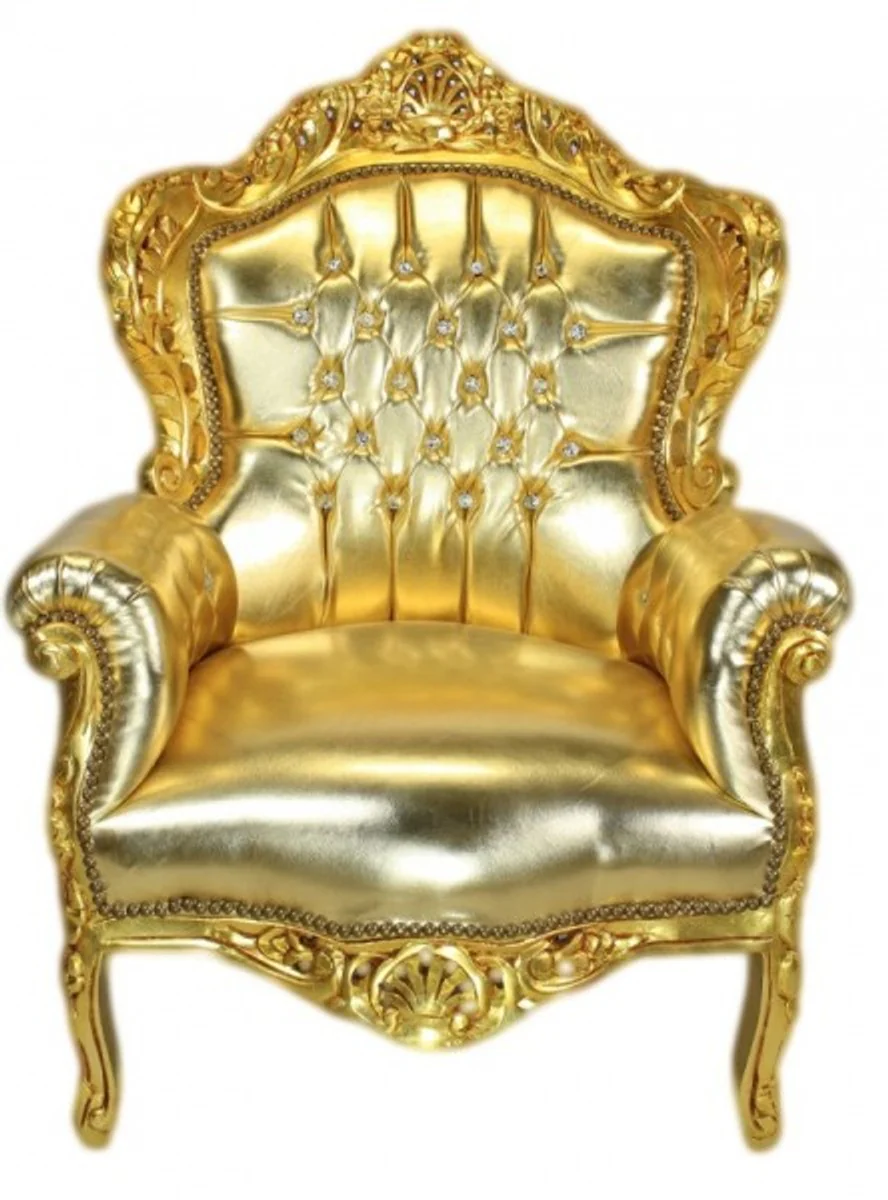 Armchair King Gold leather look with bling bling glitter stones - luxury baroque furniture