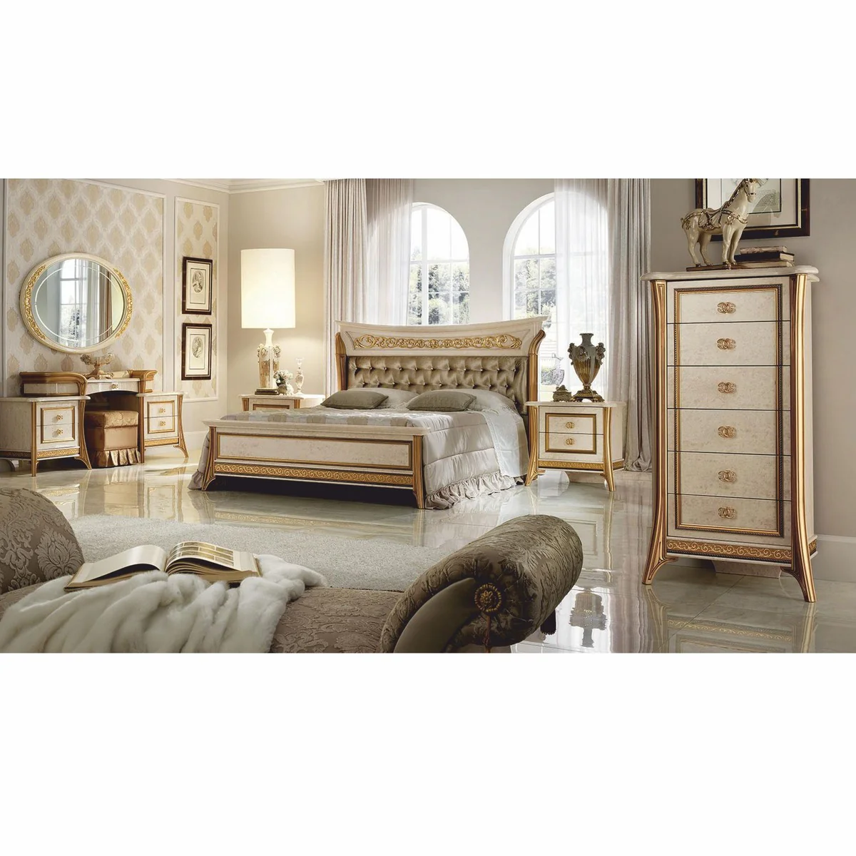 Luxus Barock Kommode mit 6 Schubladen Creme / Gold H. 136 cm - Made in Italy