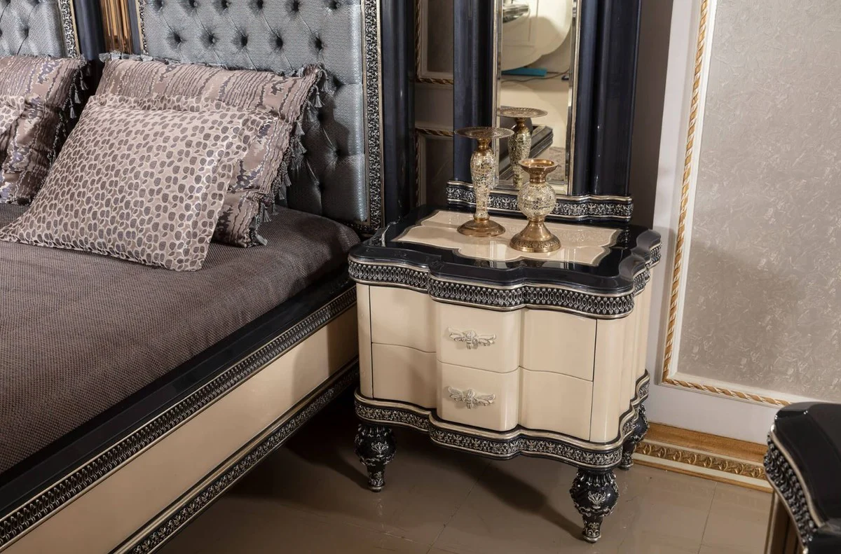 Luxury baroque night dresser beige / black / gold - magnificent baroque style bedside table with 2 drawers - luxury bedroom furniture in baroque style - baroque furniture - baroque interior