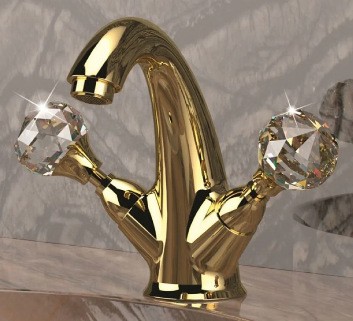 Luxury washbasin fitting with Swarovski crystal glass gold H. 15 cm - single hole mixer with waste set - luxury bathroom accessories - Made in Italy