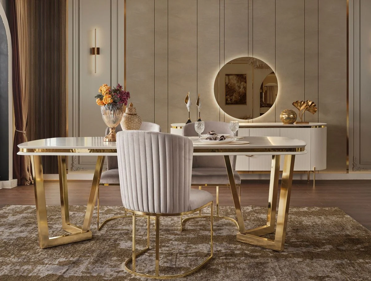 Luxury Dining Room Set White / Gray / Gold - 1 Dining Table & 4 Dining Chairs - Modern Dining Room Furniture