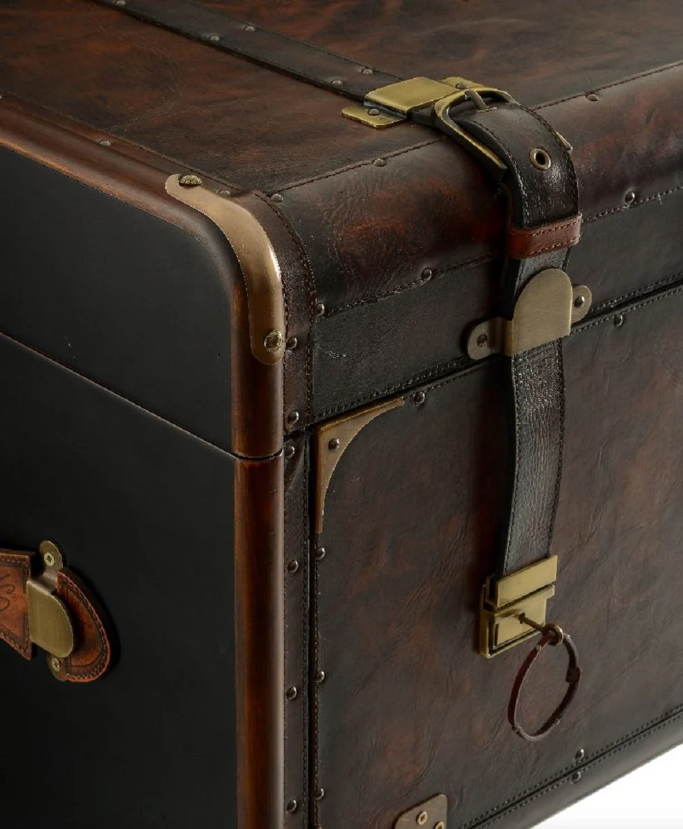 Luxury leather minibar in suitcase look dark brown / black / brass 45.5 x 45.5 x H. 73 cm - real leather minibar - bar furniture - real leather furniture - luxury furniture in suitcase look