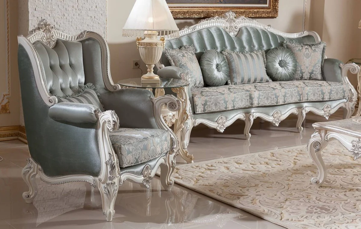 Luxury Baroque Sofa Green / Beige / White / Silver - Magnificent Living Room Sofa with Elegant Pattern - Baroque Furniture - Luxury Living Room Furniture in Baroque Style - Noble & Magnificent