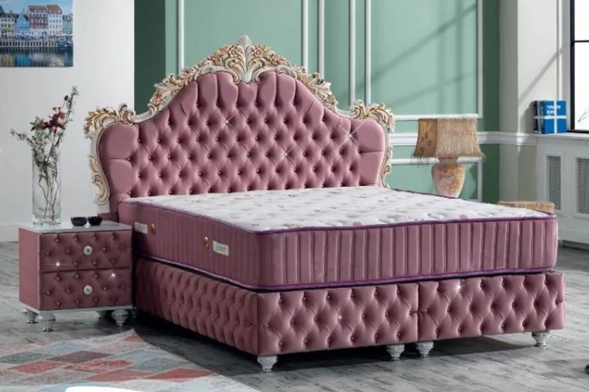 Baroque double bed pink / white / antique gold - magnificent velvet bed with rhinestones and mattress - bedroom set in baroque style