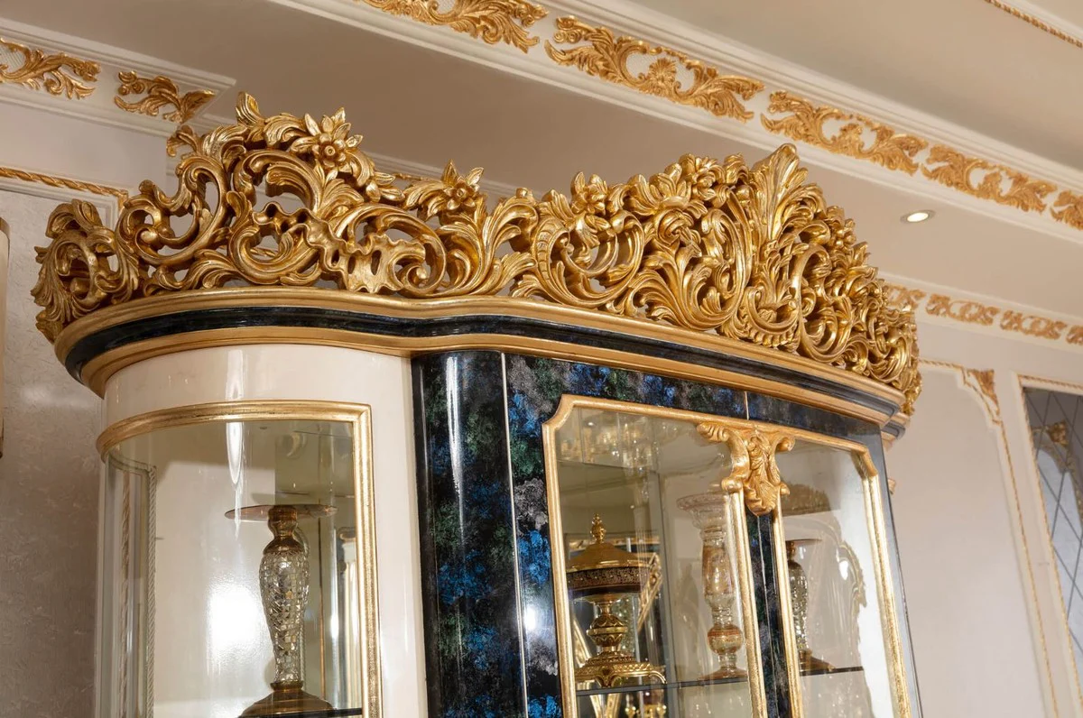 Luxury baroque display cabinet white / blue / gold - magnificent solid wood display cabinet with 2 glass doors - baroque furniture - noble and magnificent