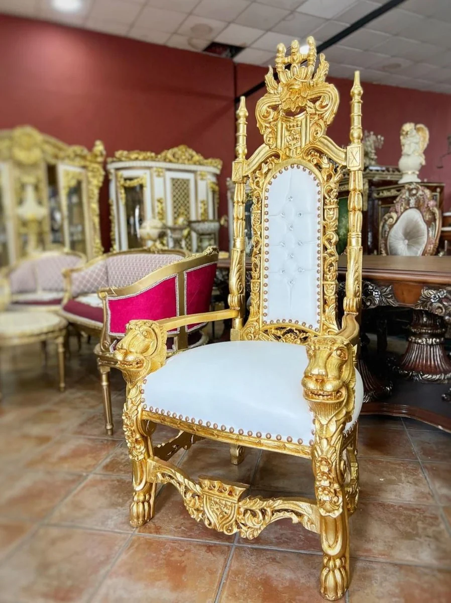 Baroque throne armchair with faux leather and rhinestones white / gold - handmade royal armchair - wedding armchair - giant armchair - magnificent baroque furniture