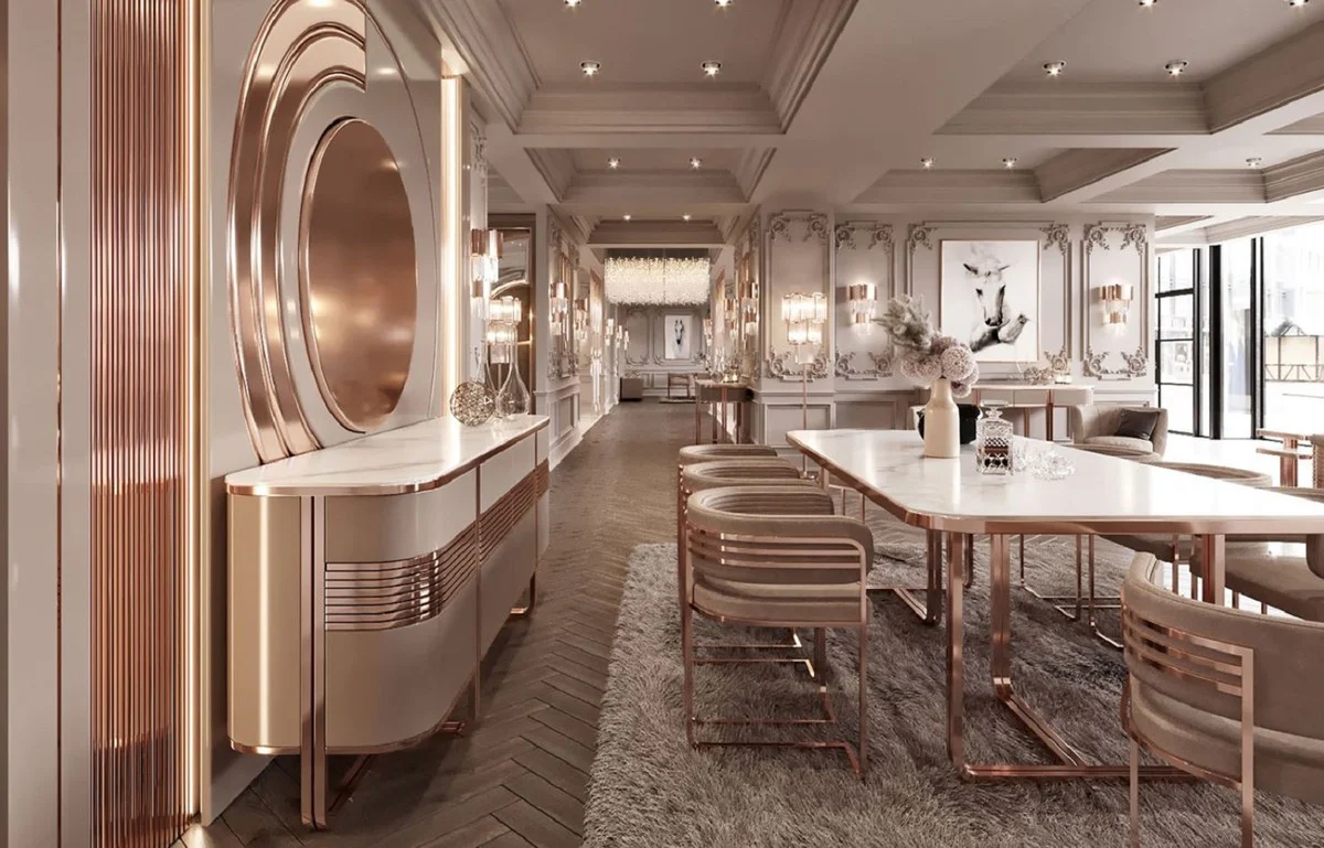 Luxury dining room chair set with armrests gray / copper 58 x 51 x H. 76 cm - kitchen chairs set of 8 - dining room furniture - restaurant furniture - luxury furniture - luxury furnishings