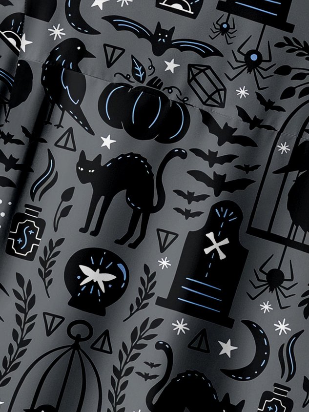 Halloween Cat Chest Pocket Short Sleeve Casual Shirt