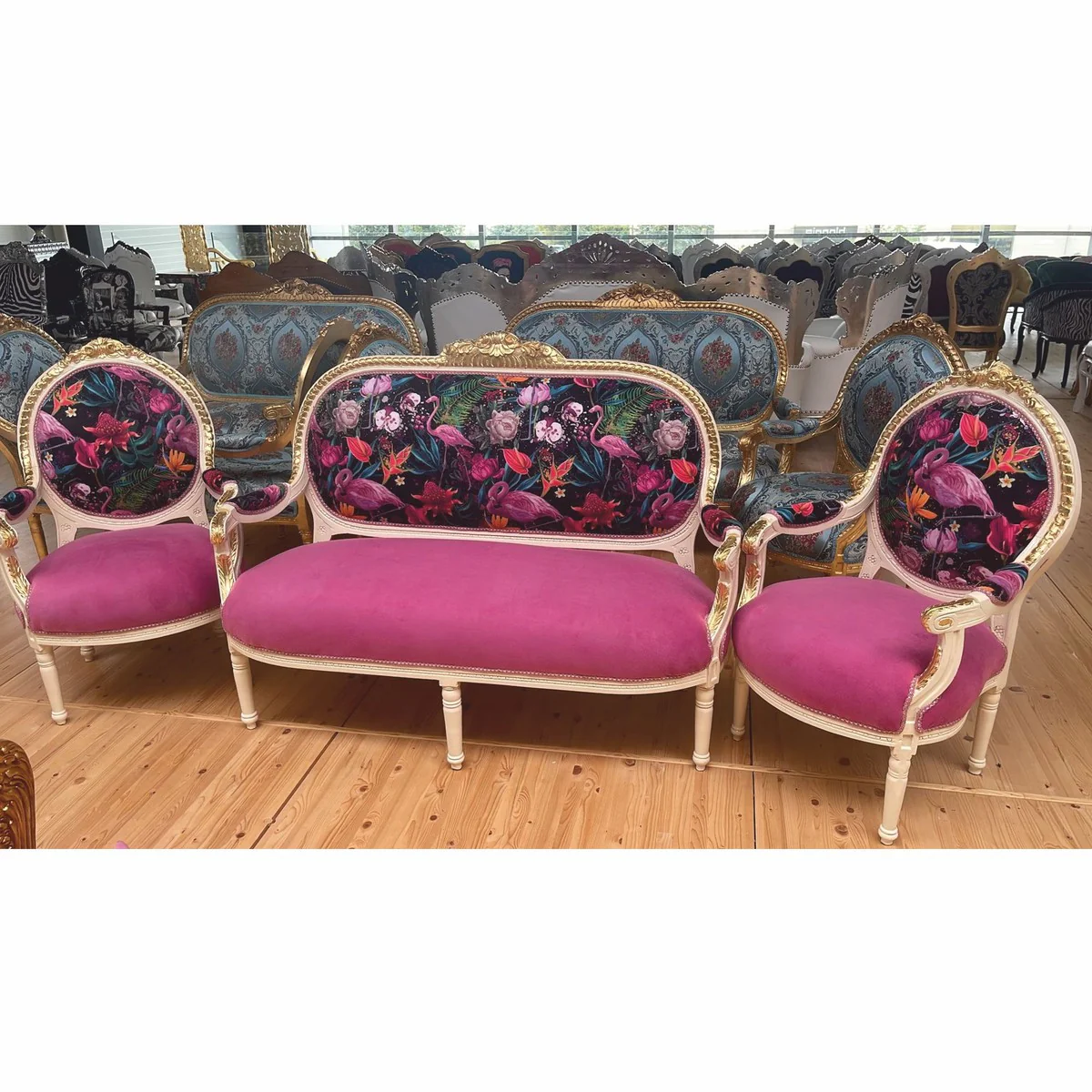 Baroque 2 seater sofa pink / colorful / white / gold 150 cm - Baroque furniture