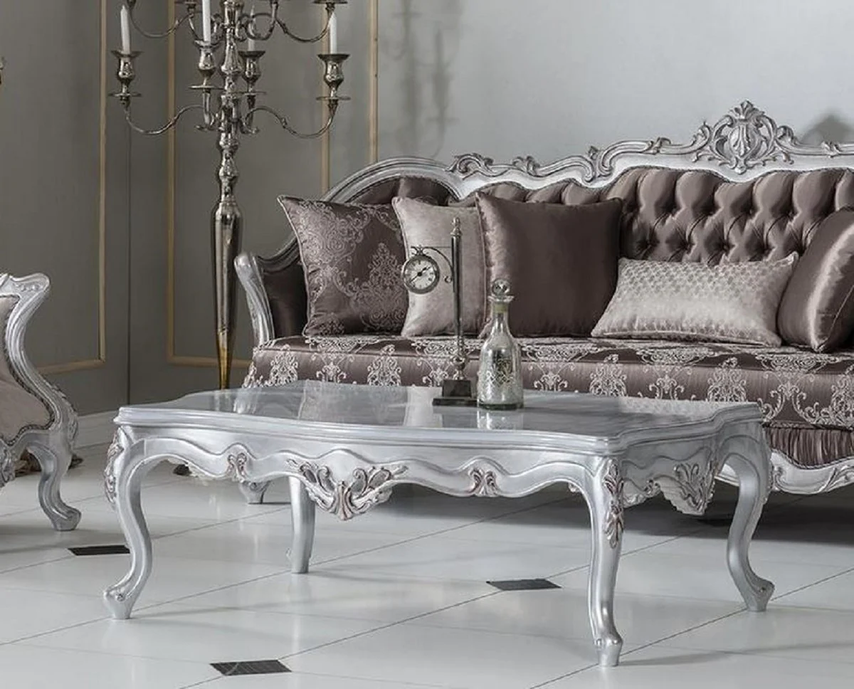 Luxury Baroque coffee table silver 130 x 85 x H. 47 cm - Rectangular solid wood living room table - Baroque furniture - Noble & magnificent