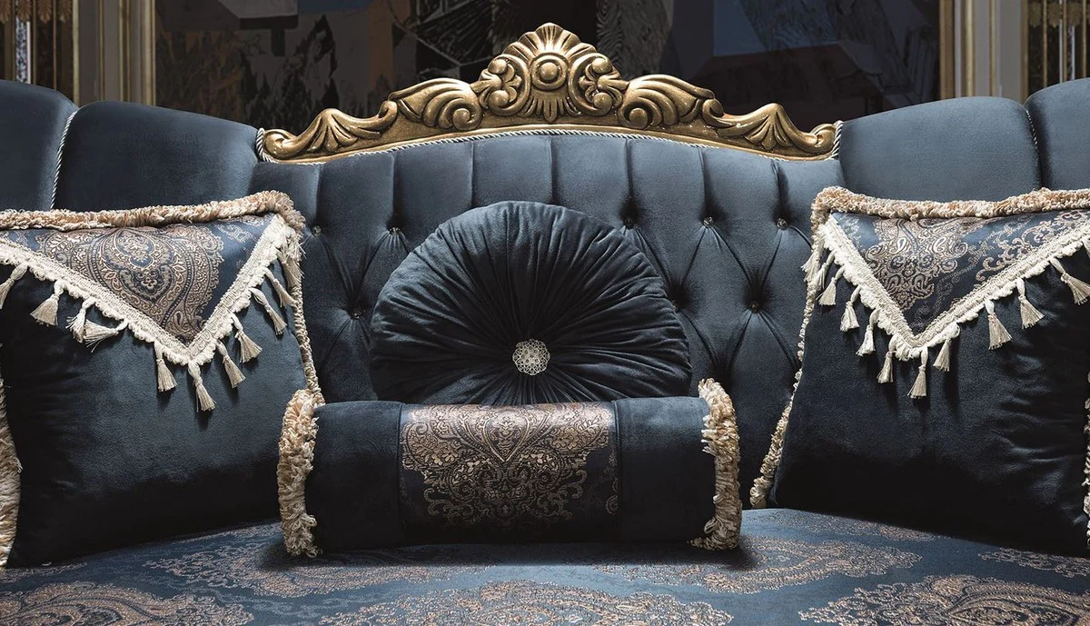 Luxury baroque sofa blue / gold 220 x 90 x H. 110 cm - magnificent living room sofa with glittering stones and decorative pillows